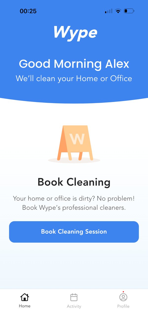 The Wype app home screen with a Book Cleaning Session button